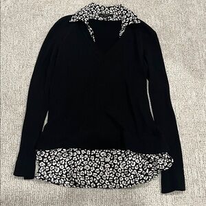 Karen Kane Black V-Neck Collared Sweater with Black & White Floral Shirt Hem